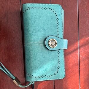Teal Wallet with Floral Button